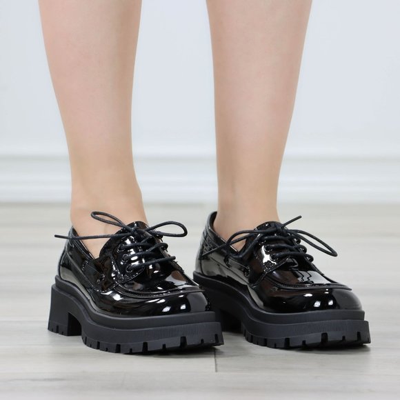 Chunky Penny Loafers Black Lug Sole Slip On Platform Patent Black Lace Up - Picture 9 of 14